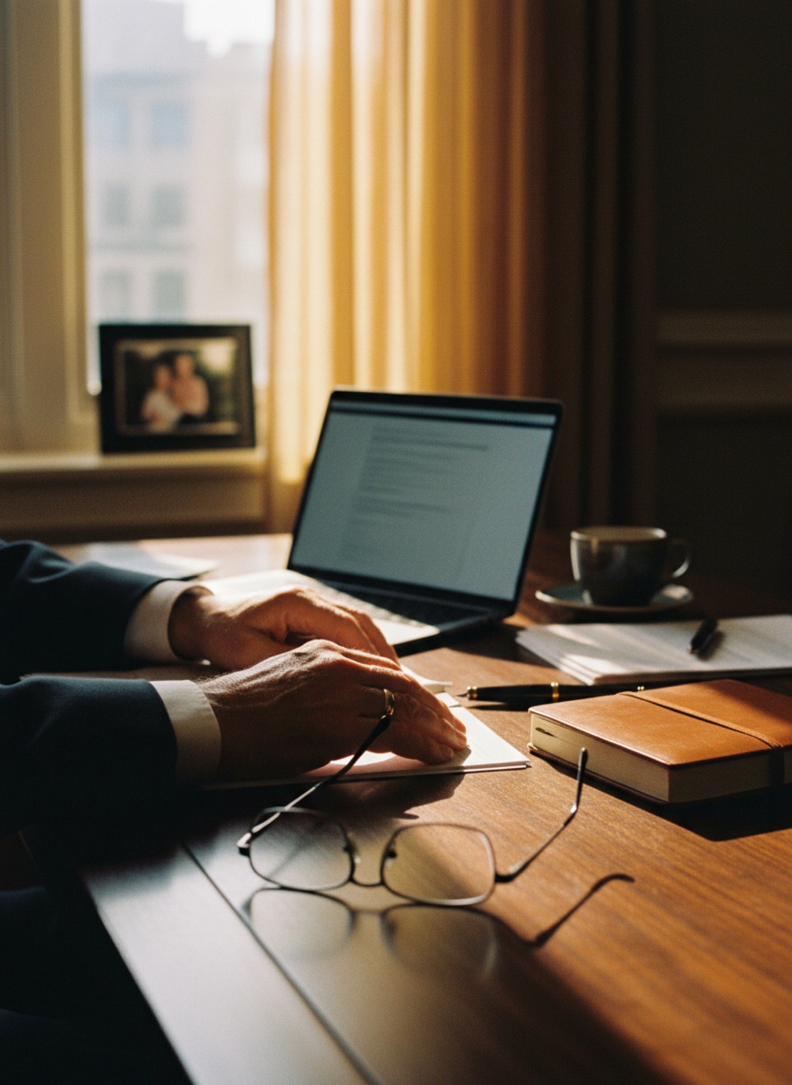 Profissional em pausa contemplativa — óculos na mesa, laptop, café frio, foto de família ao fundo
